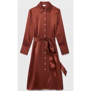 Club Monaco 100% Silk Midi Shirt Charmeuse Dress Red Rust 4 Long Sleeve